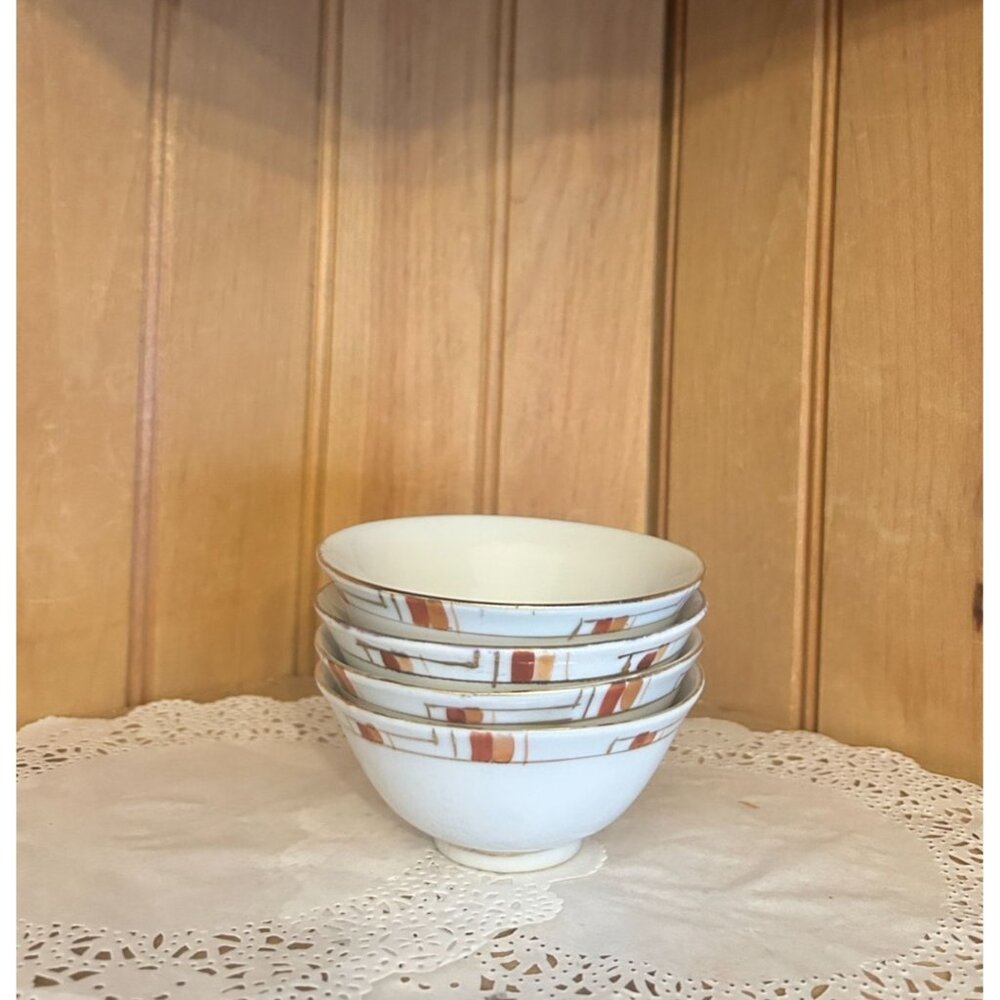 4 Vintage Porcelain Rice Bowls Hand Painted Orange Gold Geometric Abstract